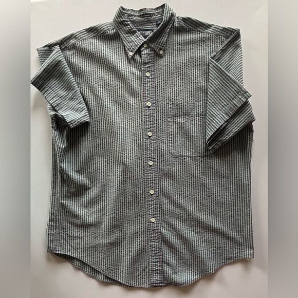 VTG LANDS’ END Men’s Purple and Green Striped Short Sleeve Button Down Shirt L - Picture 3 of 12